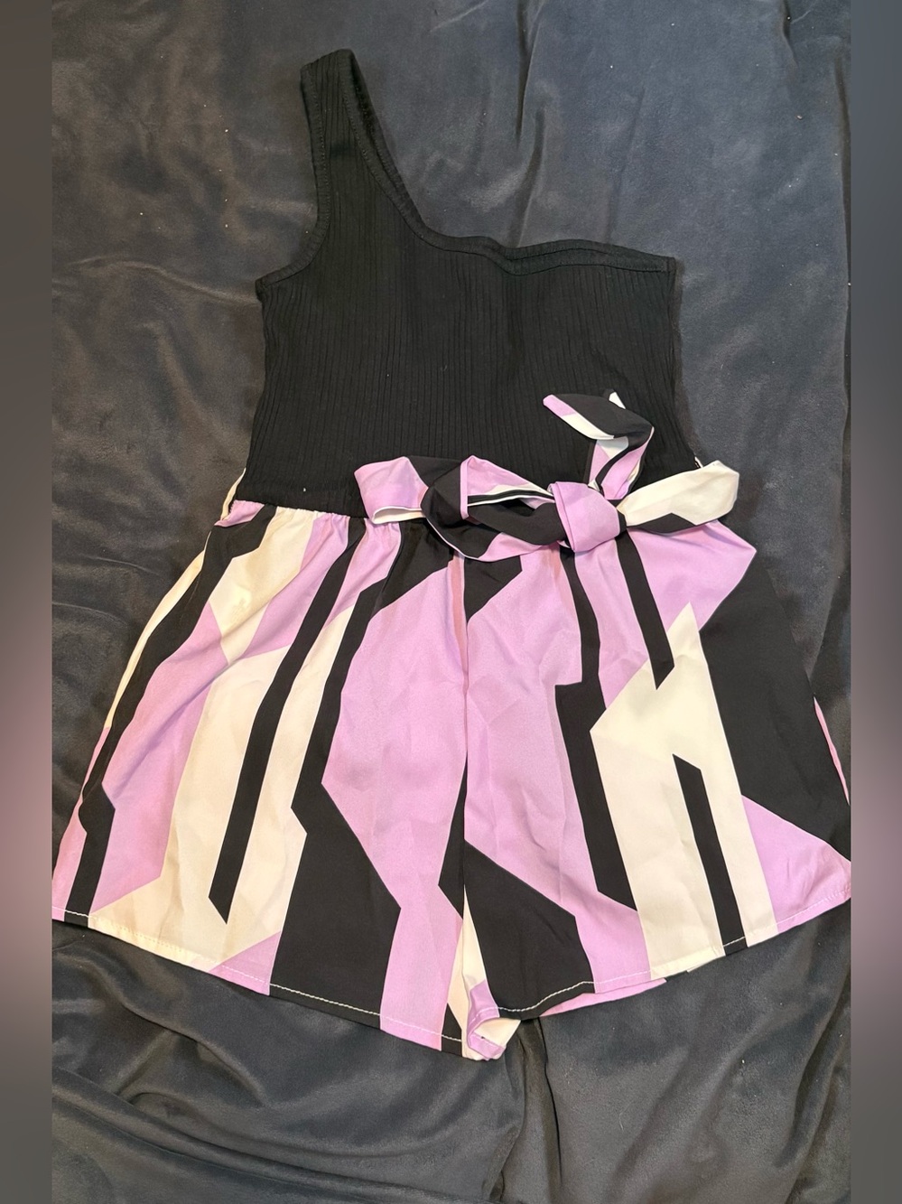 SHEIN Black One-Shoulder Dress with Lavender & Cream Geometric Skirt
